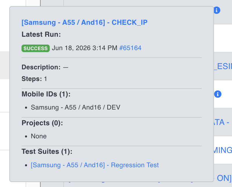 Test Case info popup