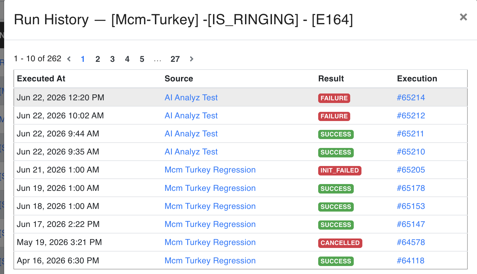 Test Case Run History modal