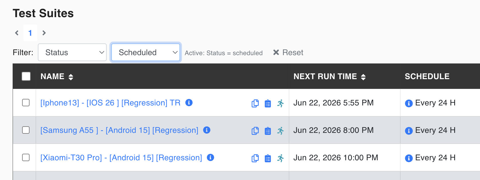Filter Test Suites by status