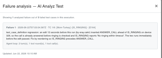 Failure analysis modal listing the analyzed failures