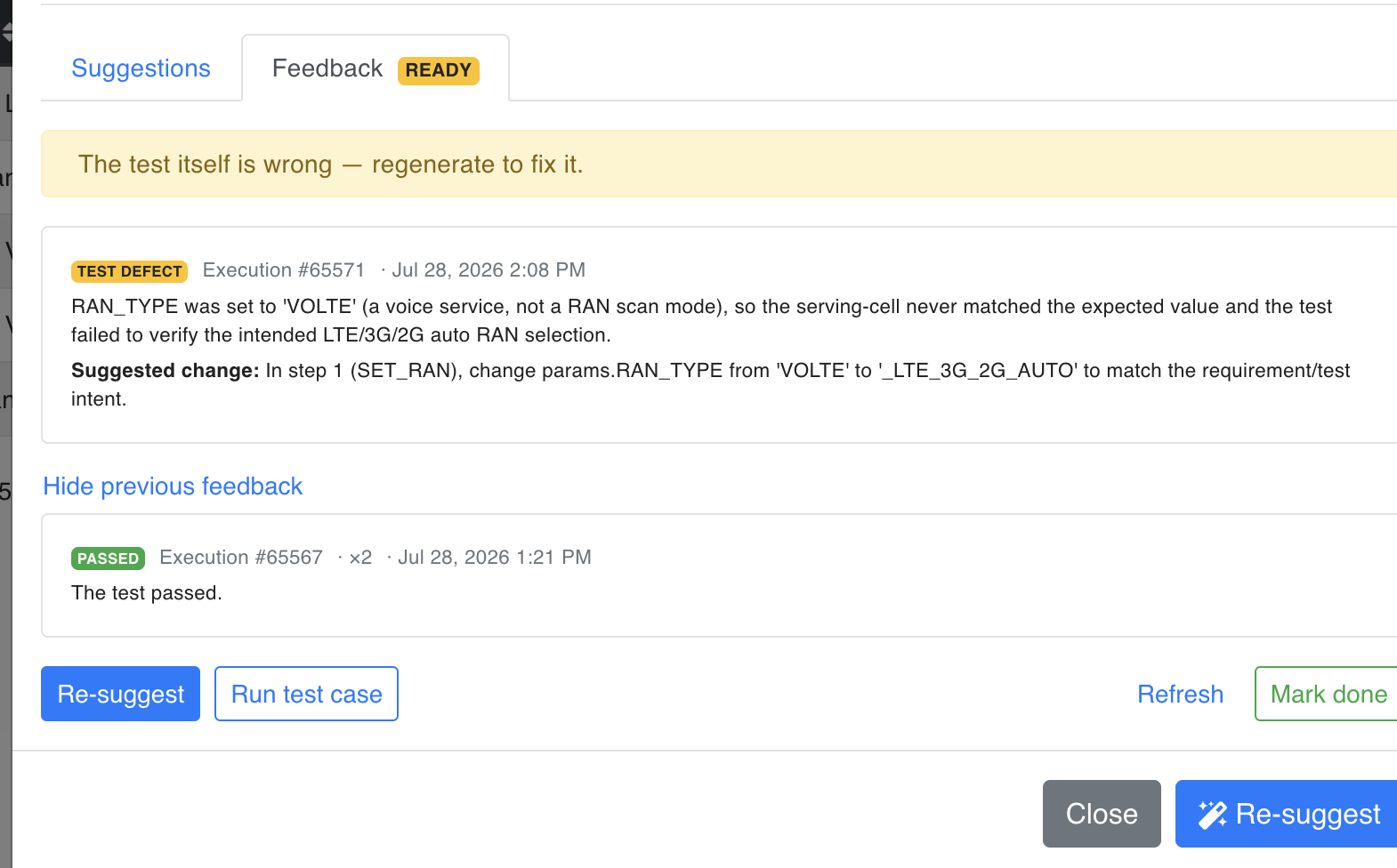 A test-defect verdict on top of the earlier passing run