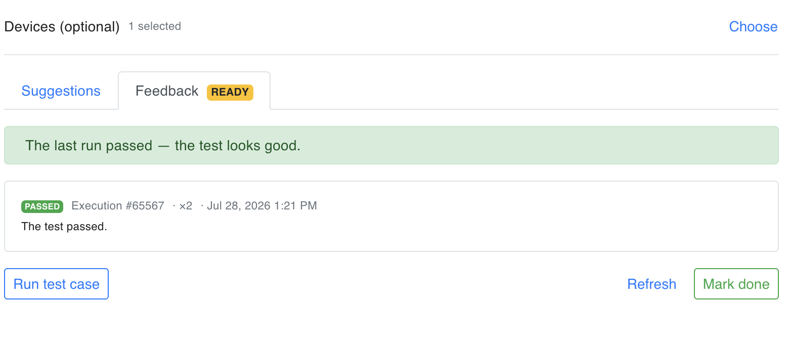 A passing run reported on the Feedback tab