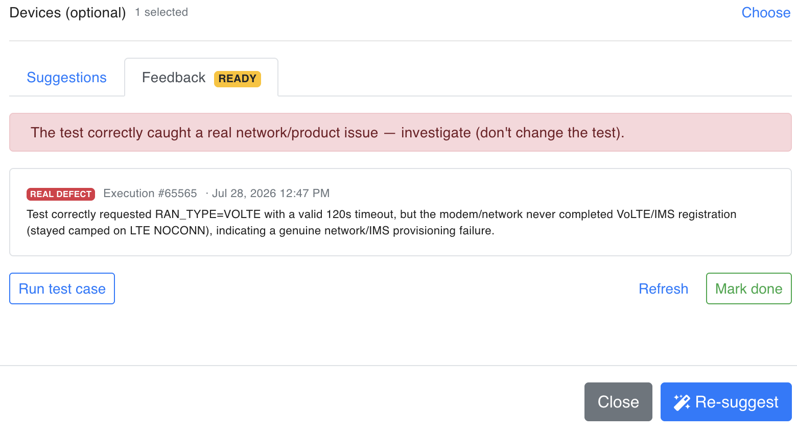 A REAL DEFECT verdict pointing to a genuine network failure