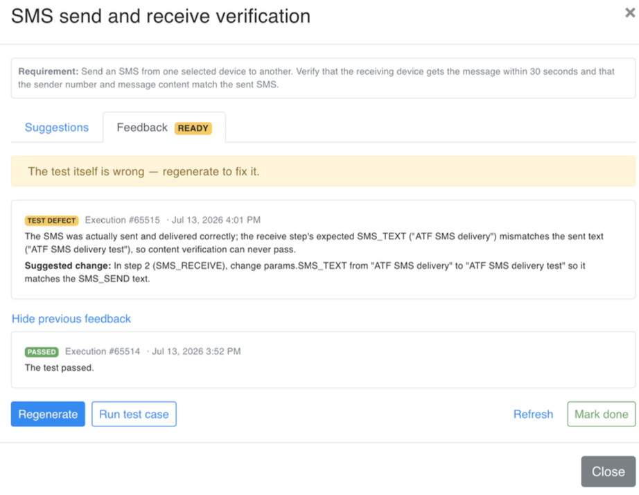 A TEST DEFECT verdict with its suggested change