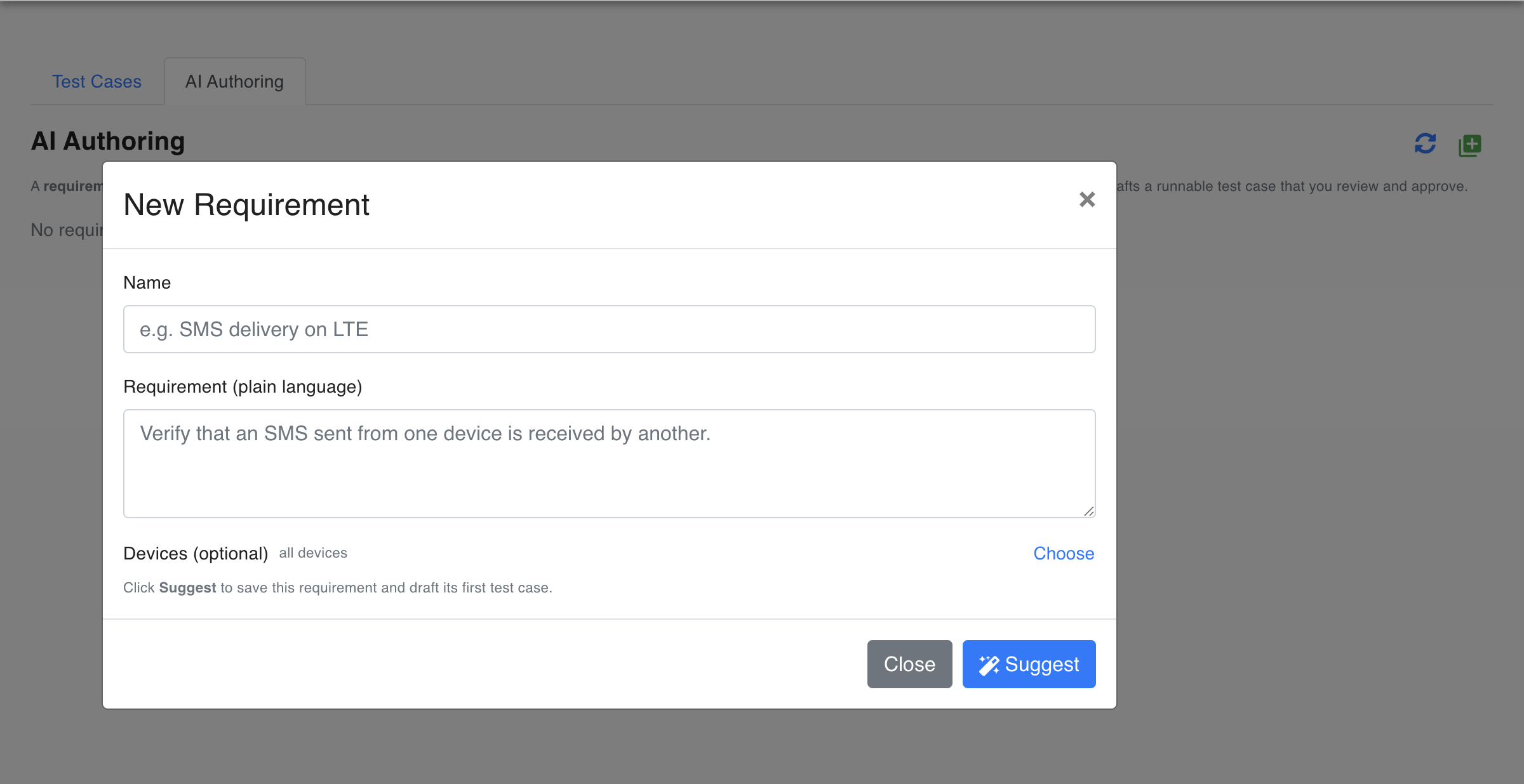The New Requirement dialog with the Name, Requirement and Devices fields
