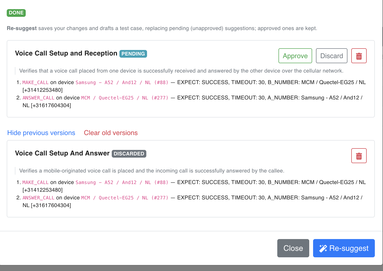A newly drafted pending suggestion above the earlier discarded version
