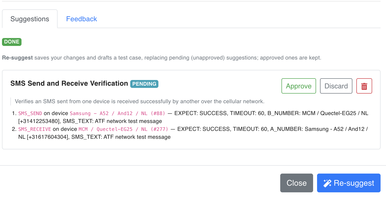 A pending suggestion with its steps and the Approve, Discard and delete actions