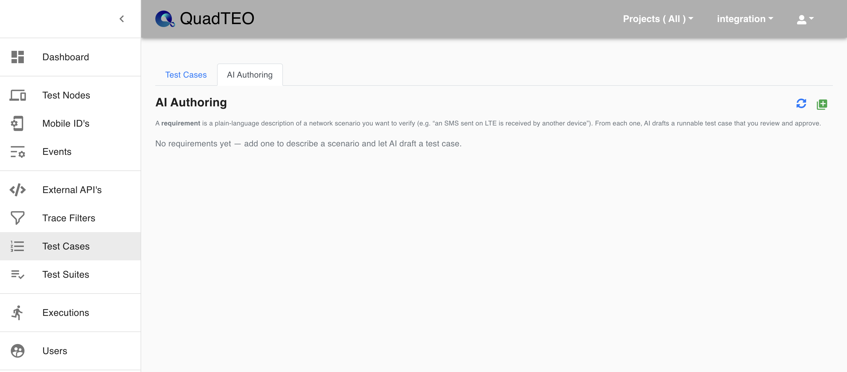 The AI Authoring tab on the Test Cases page, showing the empty state