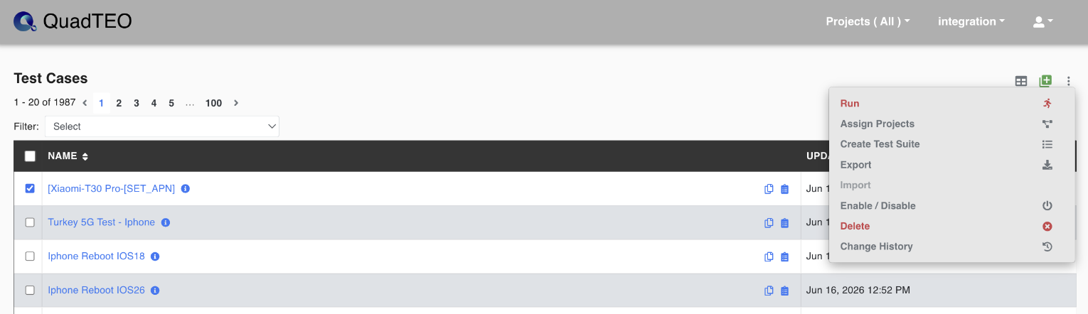 Actions dropdown showing the Run option
