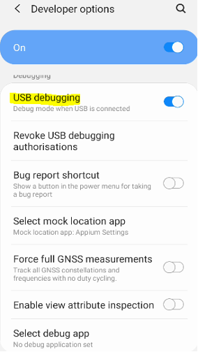 Samsung Developer options setting 1