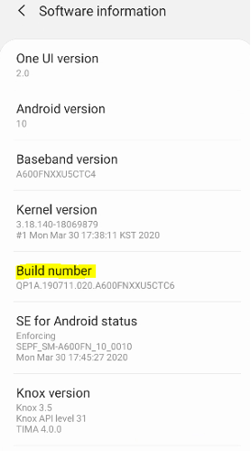 Samsung Software information screen