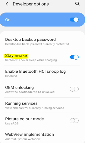 Samsung Developer options screen