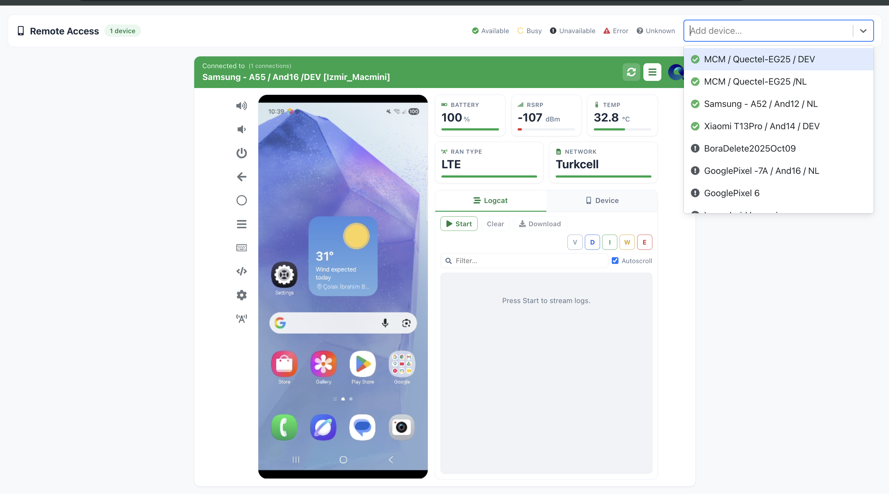 The Add device dropdown listing devices with availability icons
