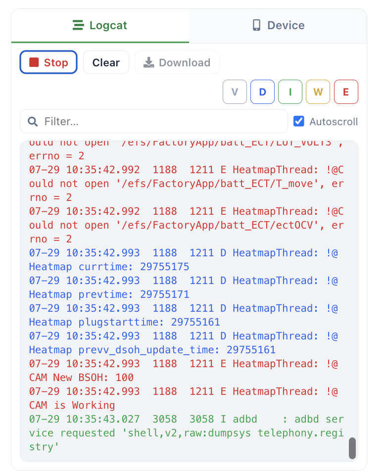Logcat streaming from an Android device