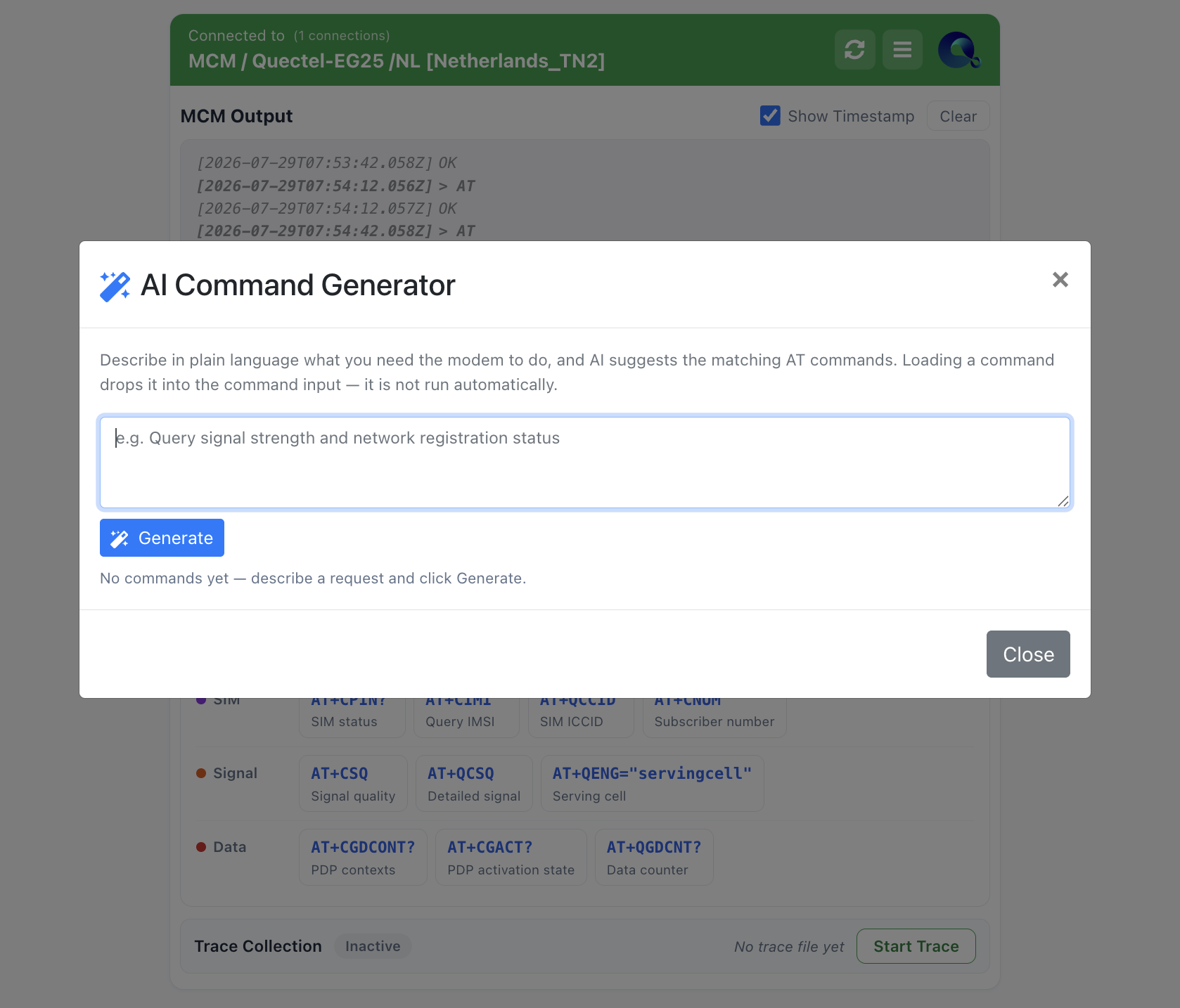 The AI Command Generator with an empty request