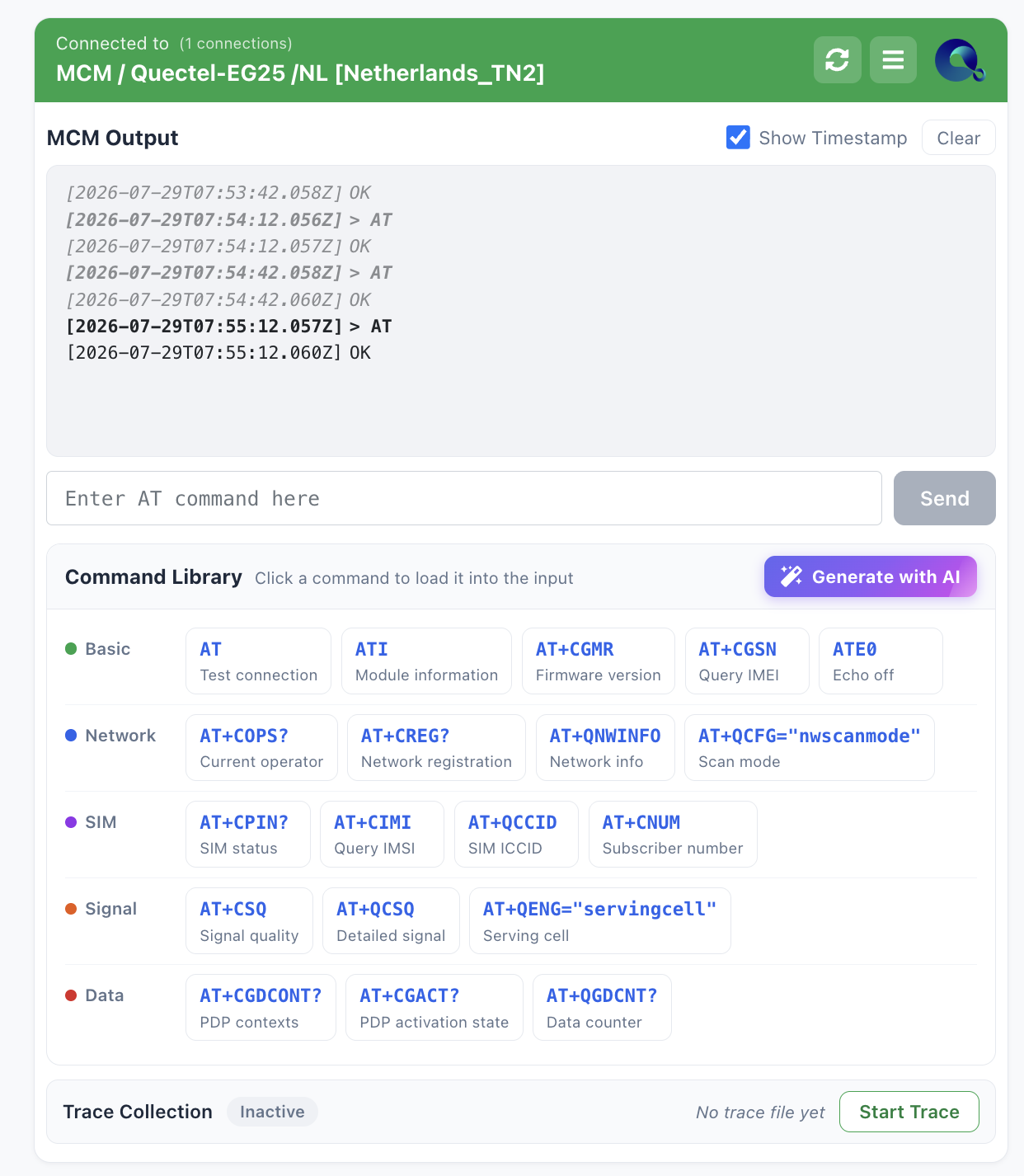 The MCM card with output panel, command input and command library