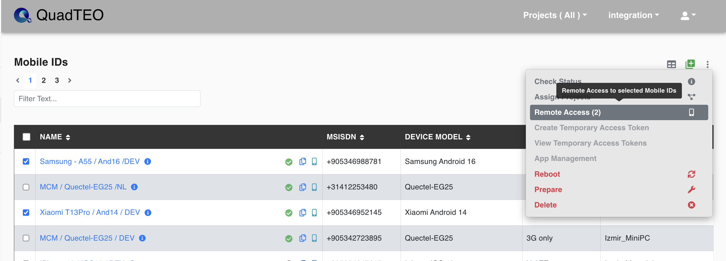Selecting several Mobile IDs and choosing Remote Access
