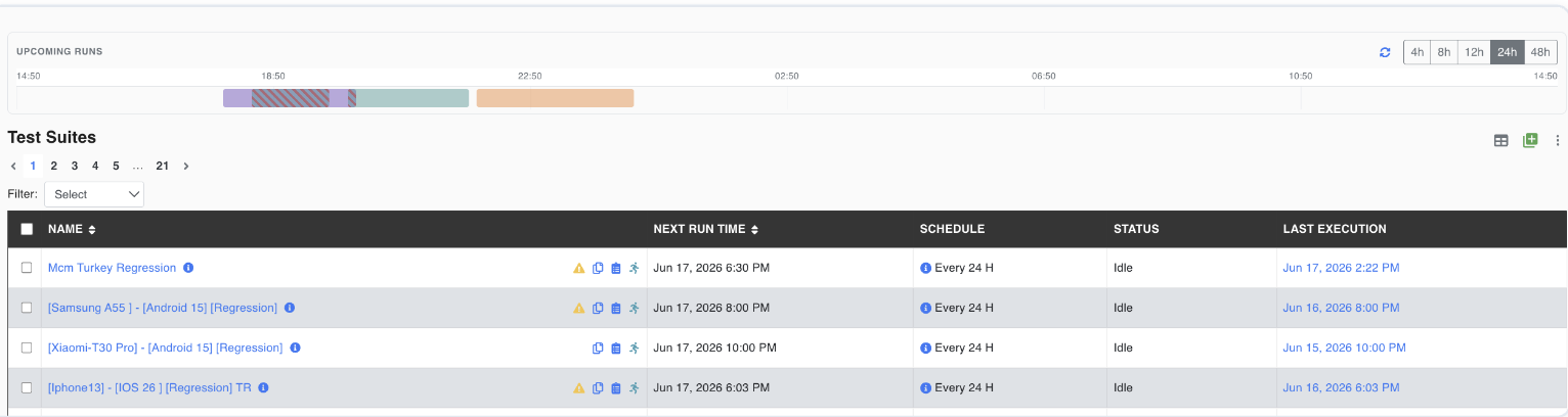 Upcoming Runs timeline with a striped hatched slot marking a conflict