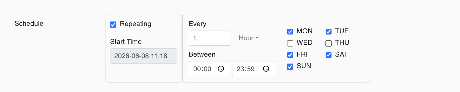 Schedule section with Repeating enabled, Start Time, Every interval, Between time window and day selection
